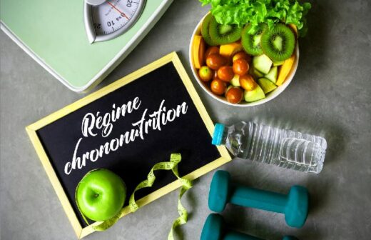 Ardoise Avec Une Pomme, Une Balance, Des Haltères, Un Bol De Légumes Et Une Bouteille D'eau