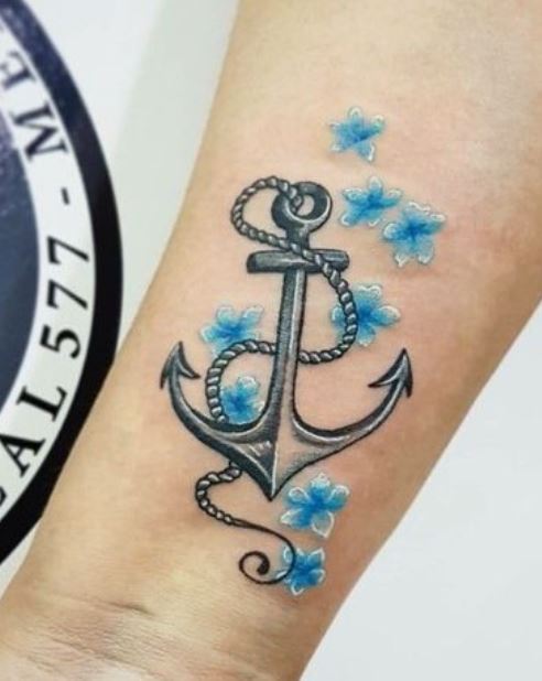 Tatouage Poignet Femme Ancre Marine Et Fleurs Bleues