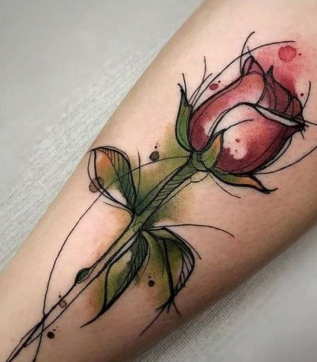 Bouton De Rose Réaliste En Style Tatouage Aquarelle