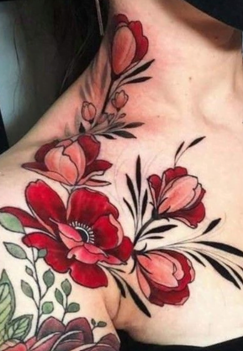 Tatouage Fleur Rouge Qui Remonte Dans Le Cou