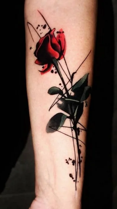 Tatouage Rose Rouge Et Noir Style Aquarelle