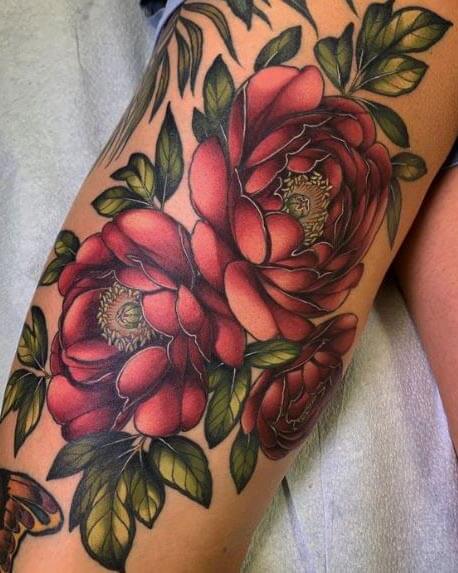 Tatouage Couleur Fleur Sur La Jambe