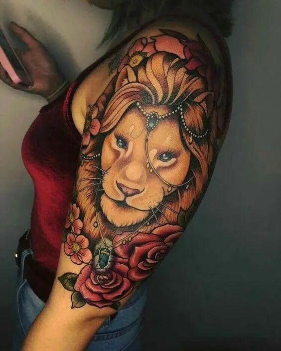 Lion et fleurs colorées