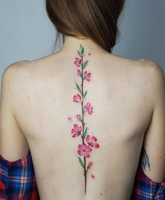 tatouage Petites Fleurs Roses Et Feuilles Vertes 