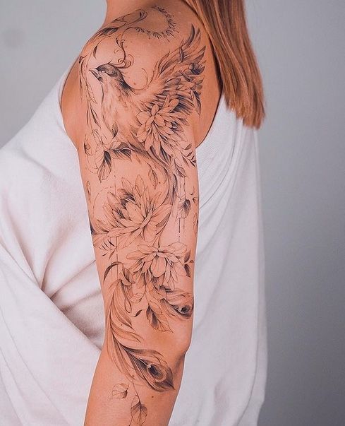 tatouage Phœnix Et Déco Florale 