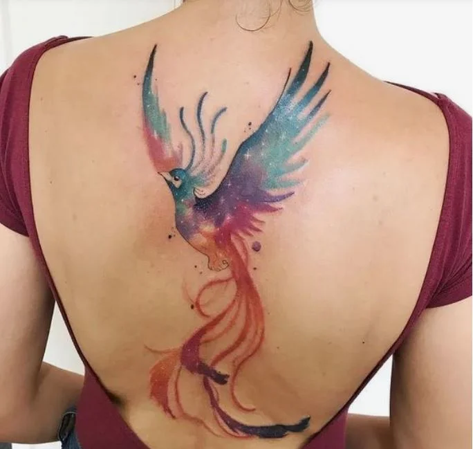 Tatouage Dos Femme Phoenix Coloré