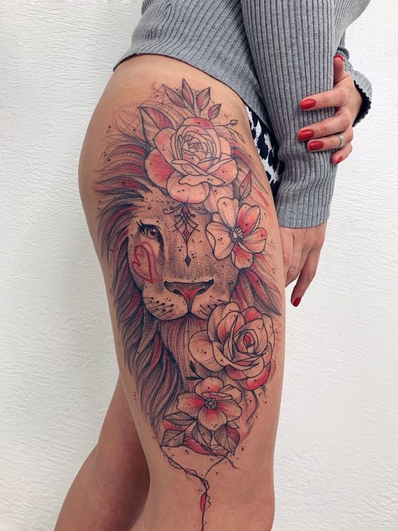 Lion et fleurs bicolores