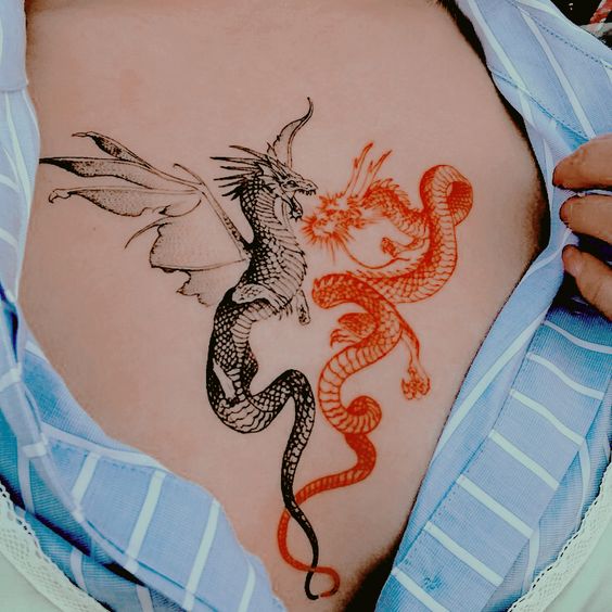 Dragon ailé noir et dragon chinois rouge