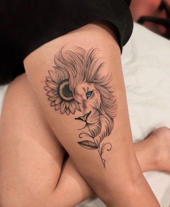 Tatouage Demi Fleur De Tournesol Et Demi Visage De Lion