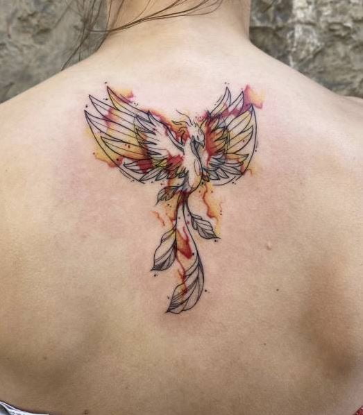 tatouage Phoenix En Ligne Fine Avec Flamme 