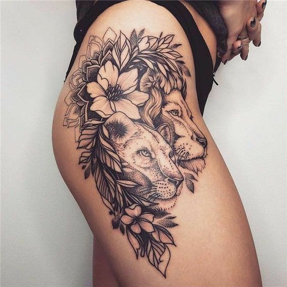  Tatouage Couple De Lion, Fleurs Et Mandala 