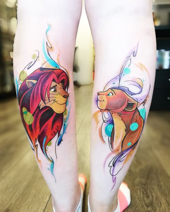 Tatouage Lion Mufasa Et Sarabi Sur Les 2 Jambes