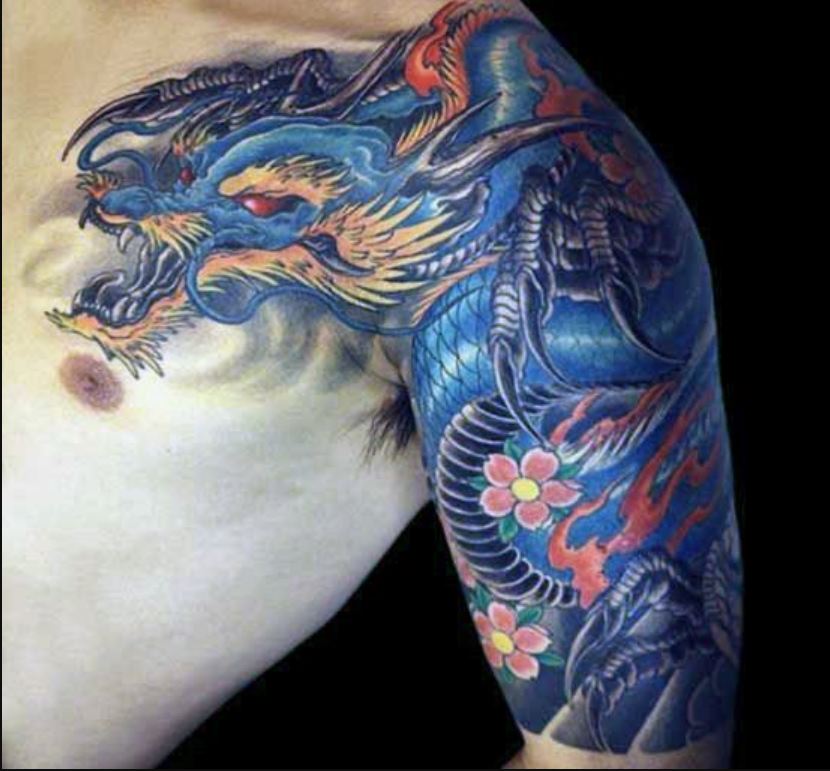 Tatouage Japonais Dragon Bleu Sur L'épaule 