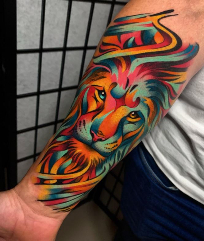 Tatouage Signe Astrologique Lion Multicolore