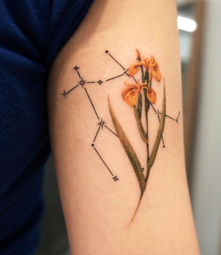 Tatouage Signe Astrologique Gémeaux Fleurs D'iris 