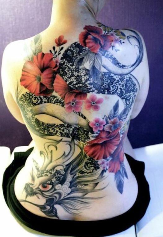 Tatouage Dragon Japonais Dentelle Et Fleurs