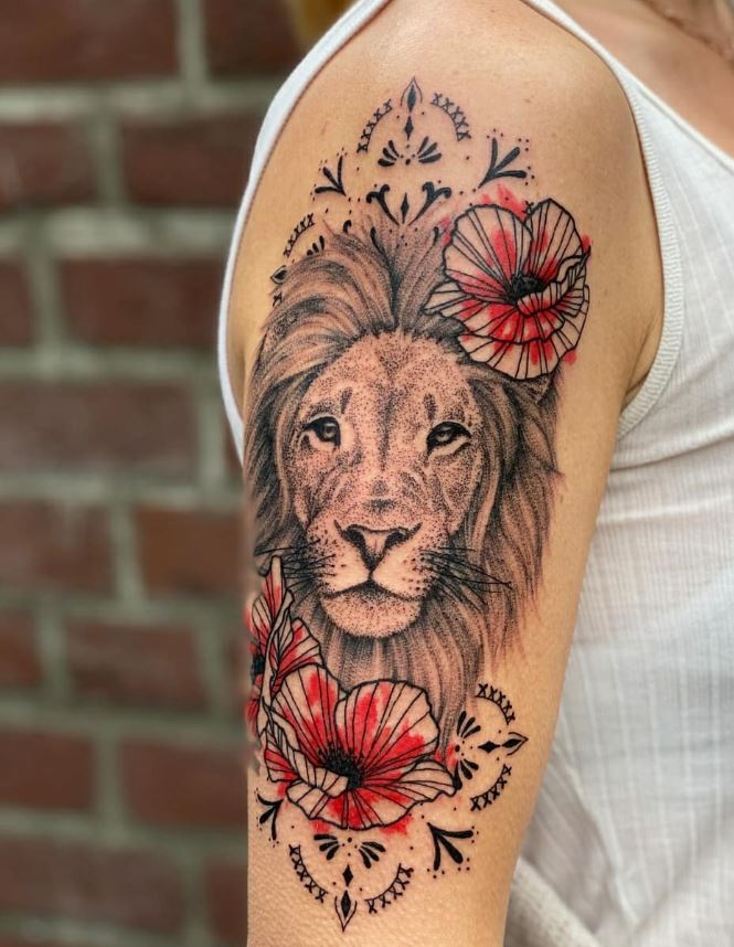 Tatouage Signe Astrologique Lion Déco Florale 