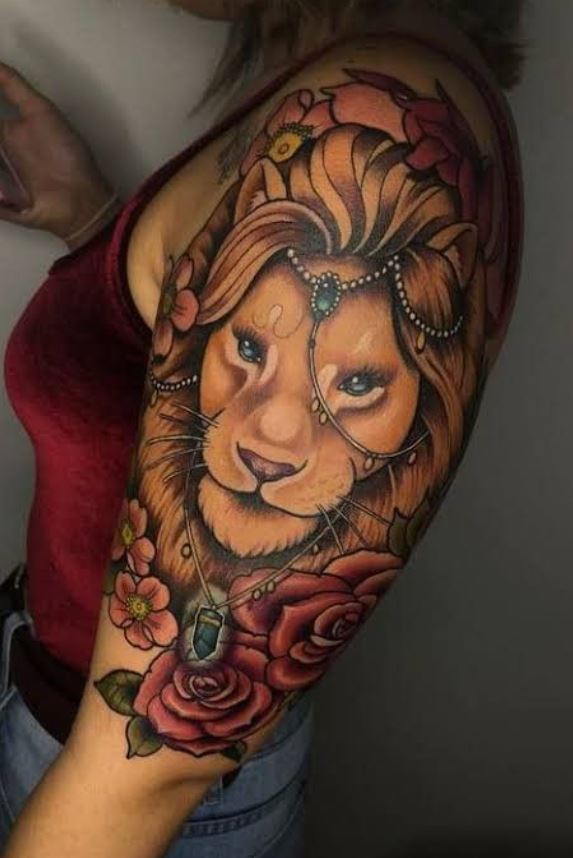 Tatouage Signe Astrologique Lion Fleurs Et Bijoux 