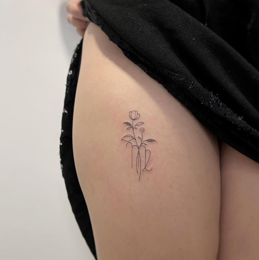 Tatouage Signe Astrologique Vierge Symbole Floral Lignes Fines 