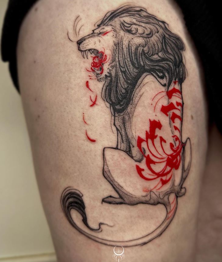 Tatouage Signe Astrologique Lion Chrysanthème Rouge 