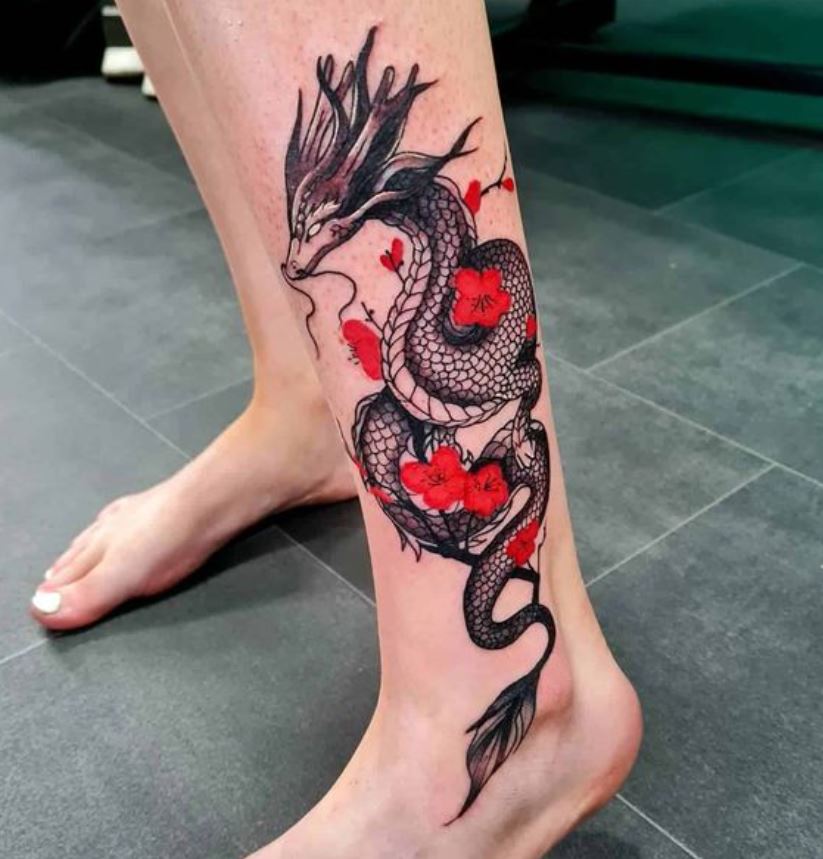  Tatouage Dragon Et Cerisier Japonais Sur La Jambe Et La Cheville