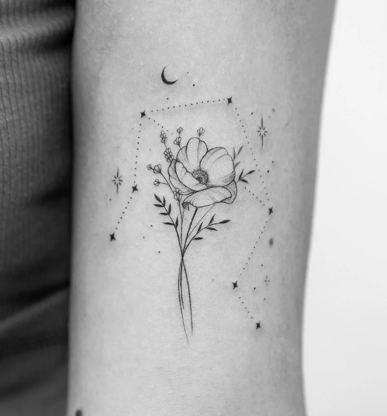 Tatouage Signe Astrologique Balance Fleurs Et Constellation