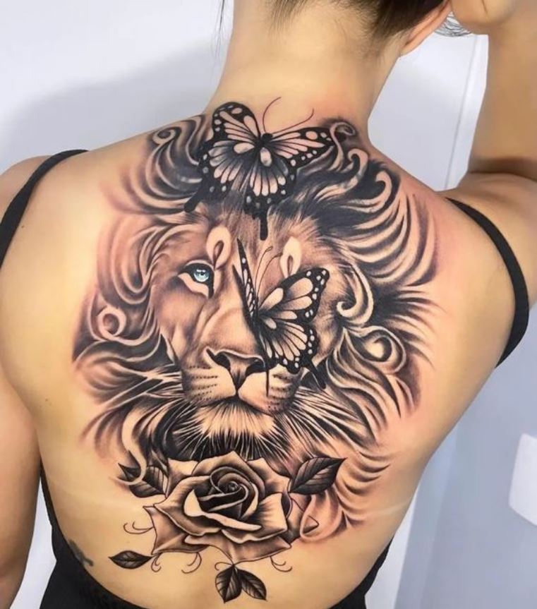 Tatouage Signe Astrologique Lion Papillons Et Rose 