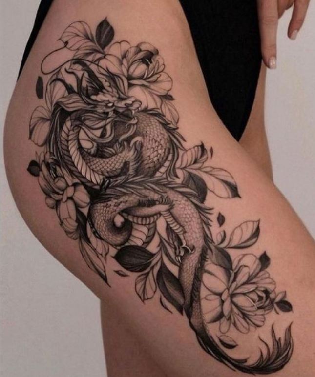 Tatouage Japonais Dragon Et Fleurs Sur La Hanche Et La Cuisse