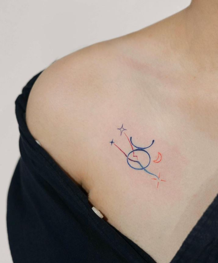Tatouage Signe Astrologique Taureau Symbole Bleu Et Constellatiion 