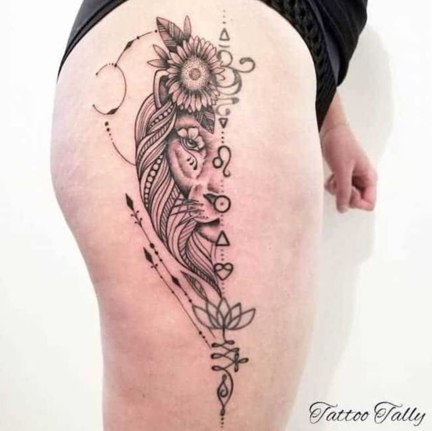 Tatouage Signe Astrologique Demi Lion Floral 