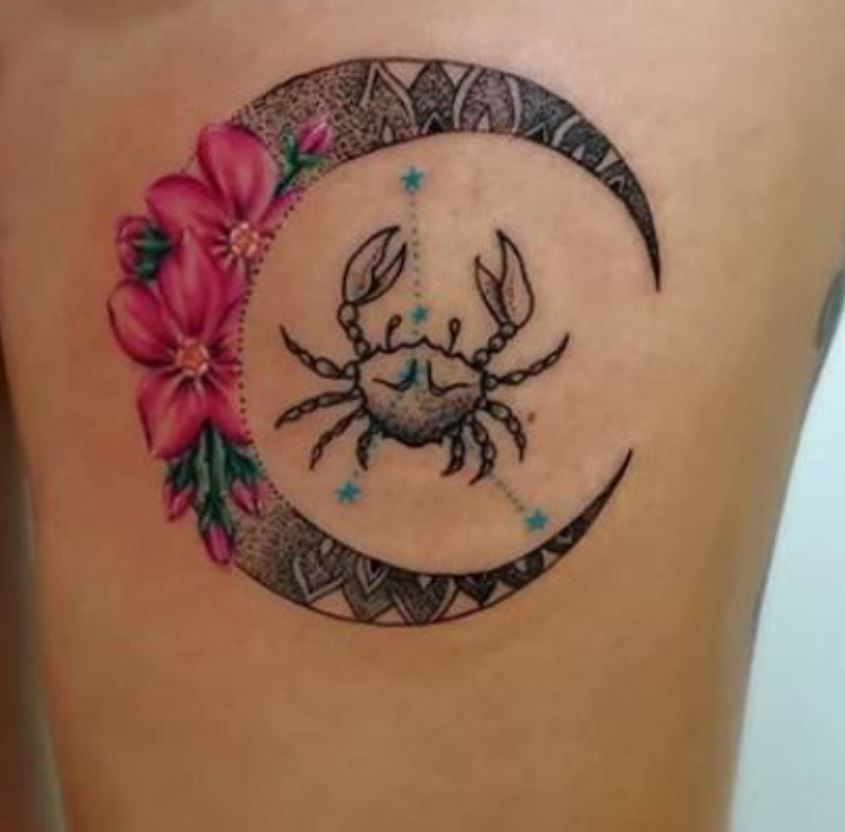  Tatouage Signe Astrologique Cancer Croissant De Lune Mandala Floral 