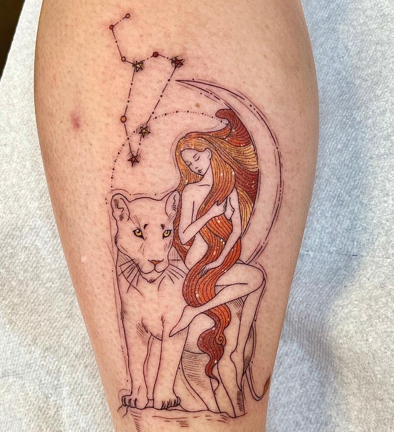 Tatouage Signe Astrologique Lion Femme Aux Cheveux Teintés