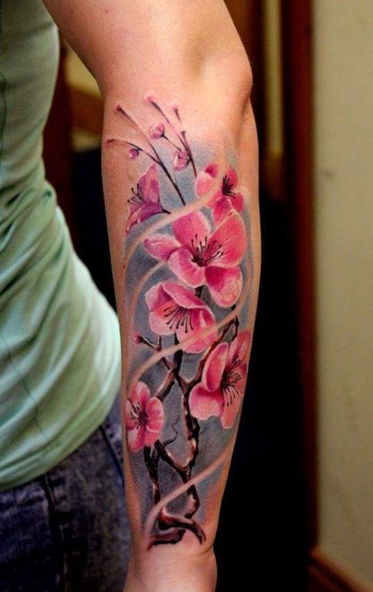 Tatouage Cerisier Japonais Avant Bras Sur Fond Gris