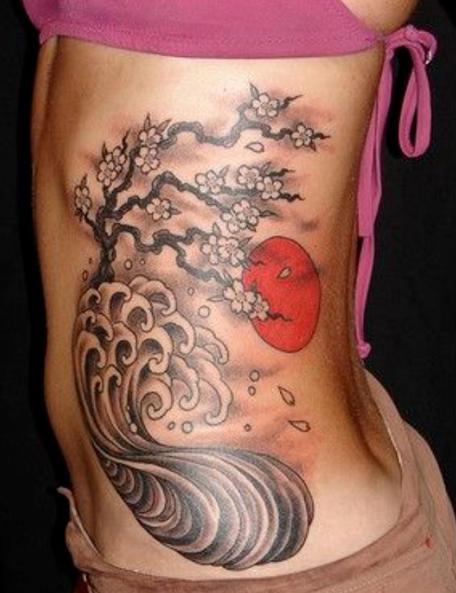 Tatouage Japonais Cerisier, Vague Et Soleil Sur La Cote