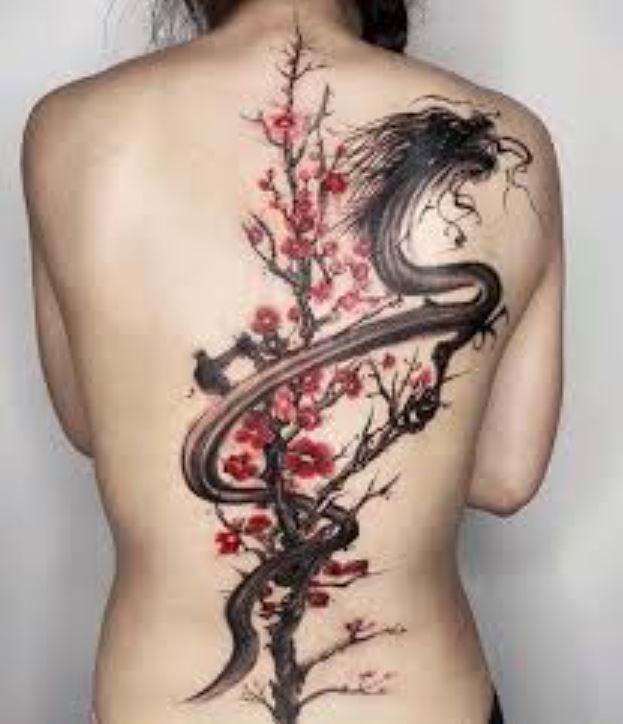 Tatouage Cerisier Japonais Et Dragon Sur Le Dos 