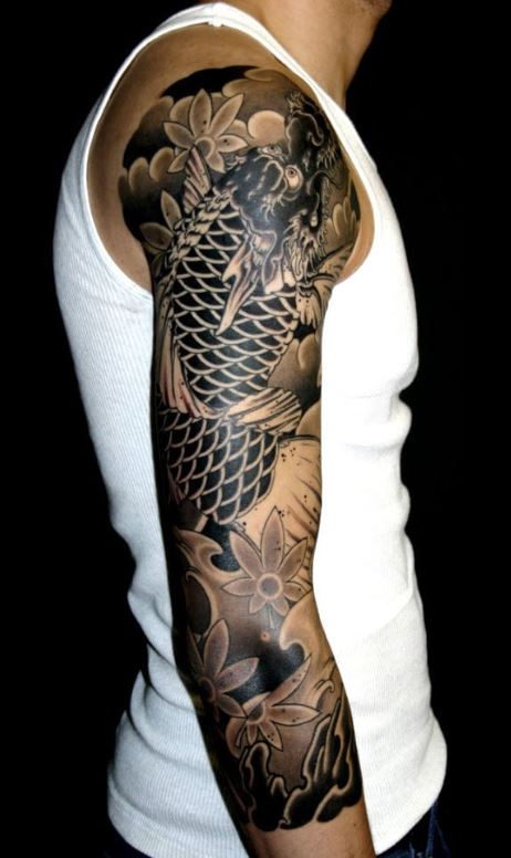 Tatouage Japonais Bras Dragon Koï Et Fleurs 