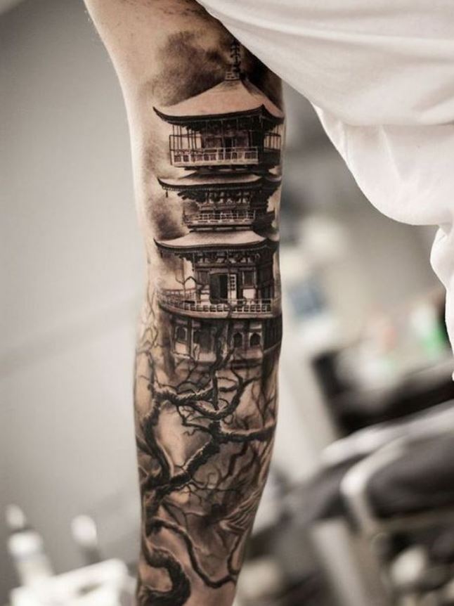 Tatouage Japonais Temple Traditionnel Sur Le Bras 