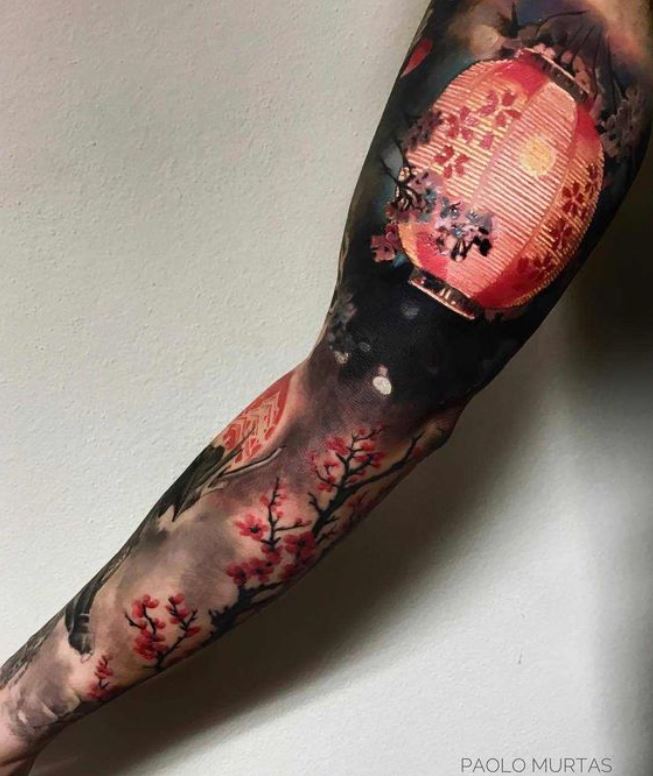  Tatouage Lanterne Et Cerisier Japonais Bras 