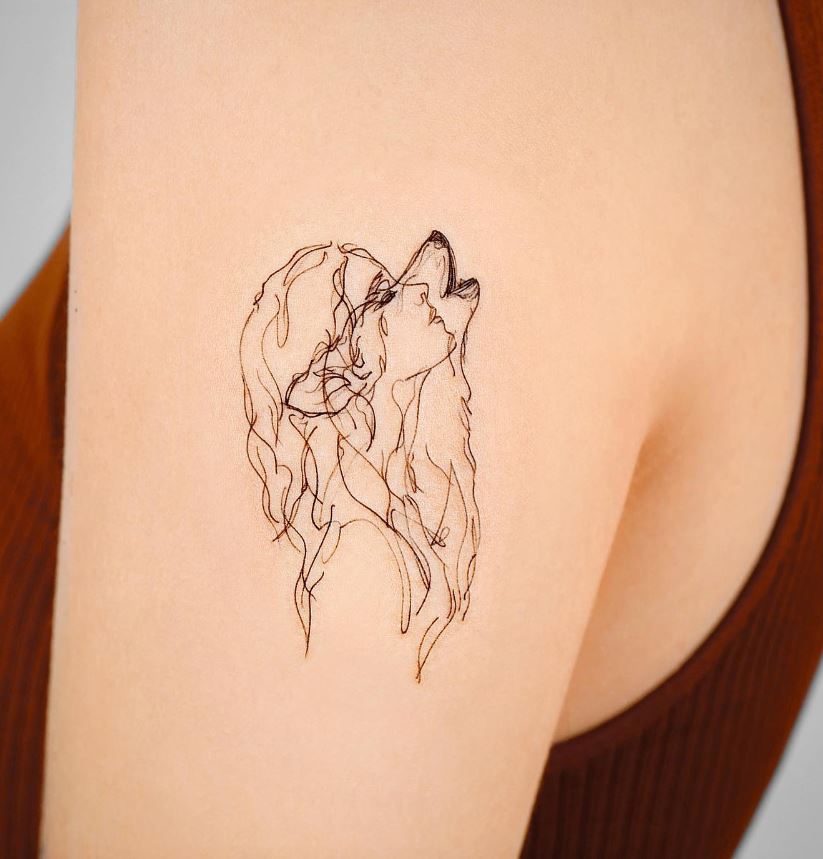 Tatouage De Loup Et Femme Linéaire 