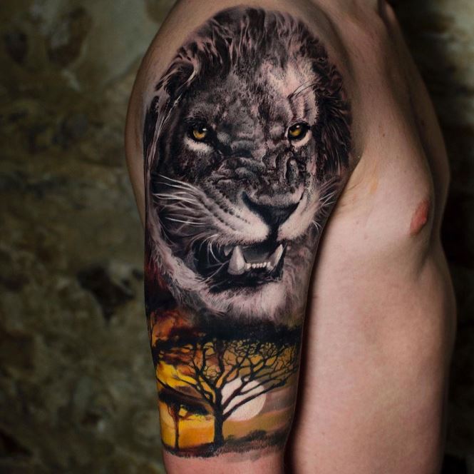 tatouage réaliste Lion & Savane