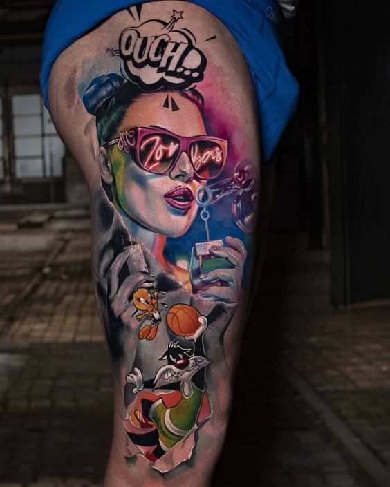 tatouage graphique Femme & Cartoon sur la cuisse 