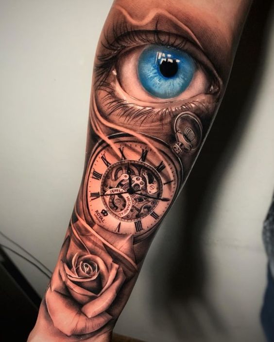 tatouage réaliste Œil, Montre Et Rose 