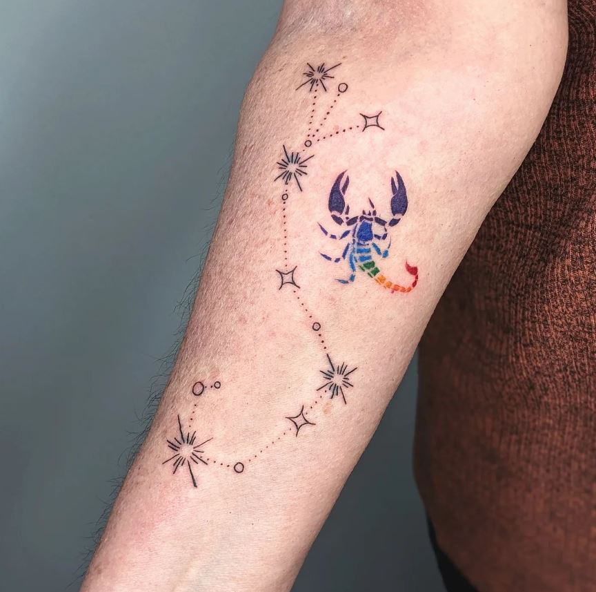  Tatouage Signe Astrologique Scorpion Coloré Et Constellation 