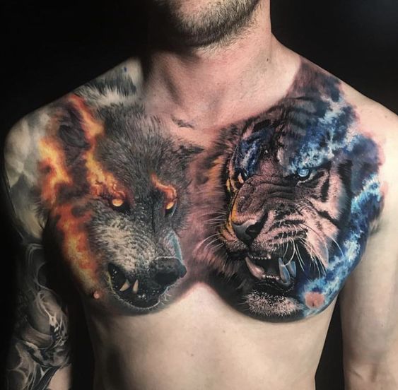 tatouage réaliste Loup & Tigre