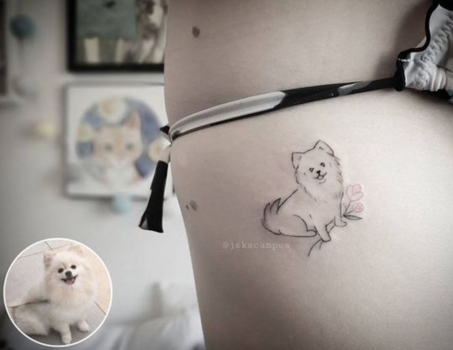 Tatouage Chien Minimaliste Et Fleur 