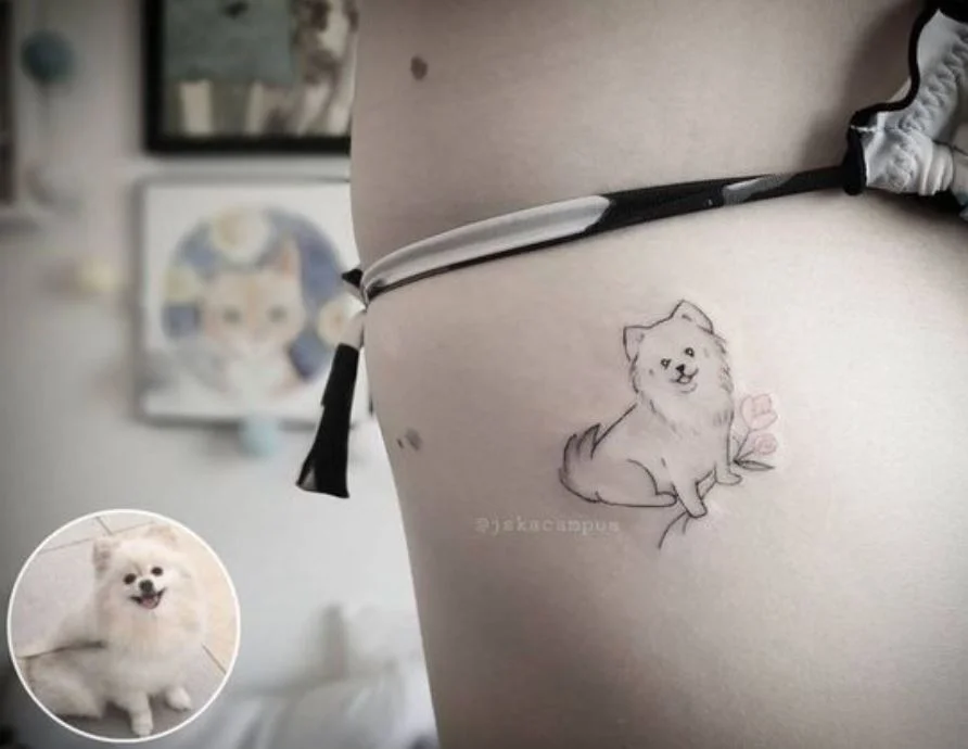 Tatouage Chien Minimaliste Et Fleur