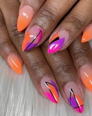 nail Art Design Orange Violet Et Rose 