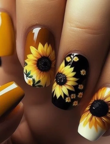 nail Art Fleur Tournesol Jaune Et Noir