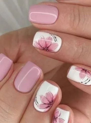 nail Art Fleur De Lotus Rose Et Blanc