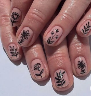 nail Art Motif Floral Noir
